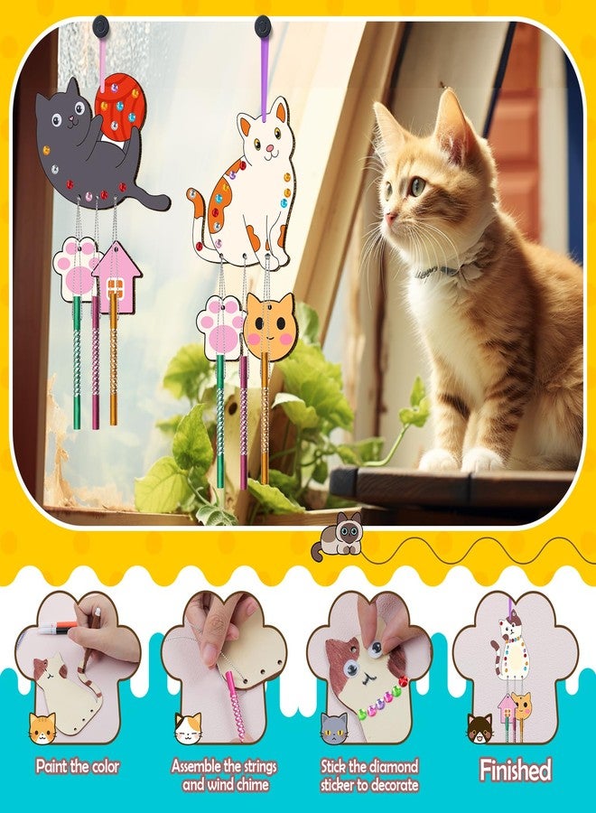 TREACLUB 12 Pack Wind Chime Kit for Kids, Make Your Own Wind Chime DIY Wood Arts and Crafts Decorative Coloring Wooden Hanging Ornaments for Girls Boys Home School Activity Party Supplies(Cute Cat) - Image 3